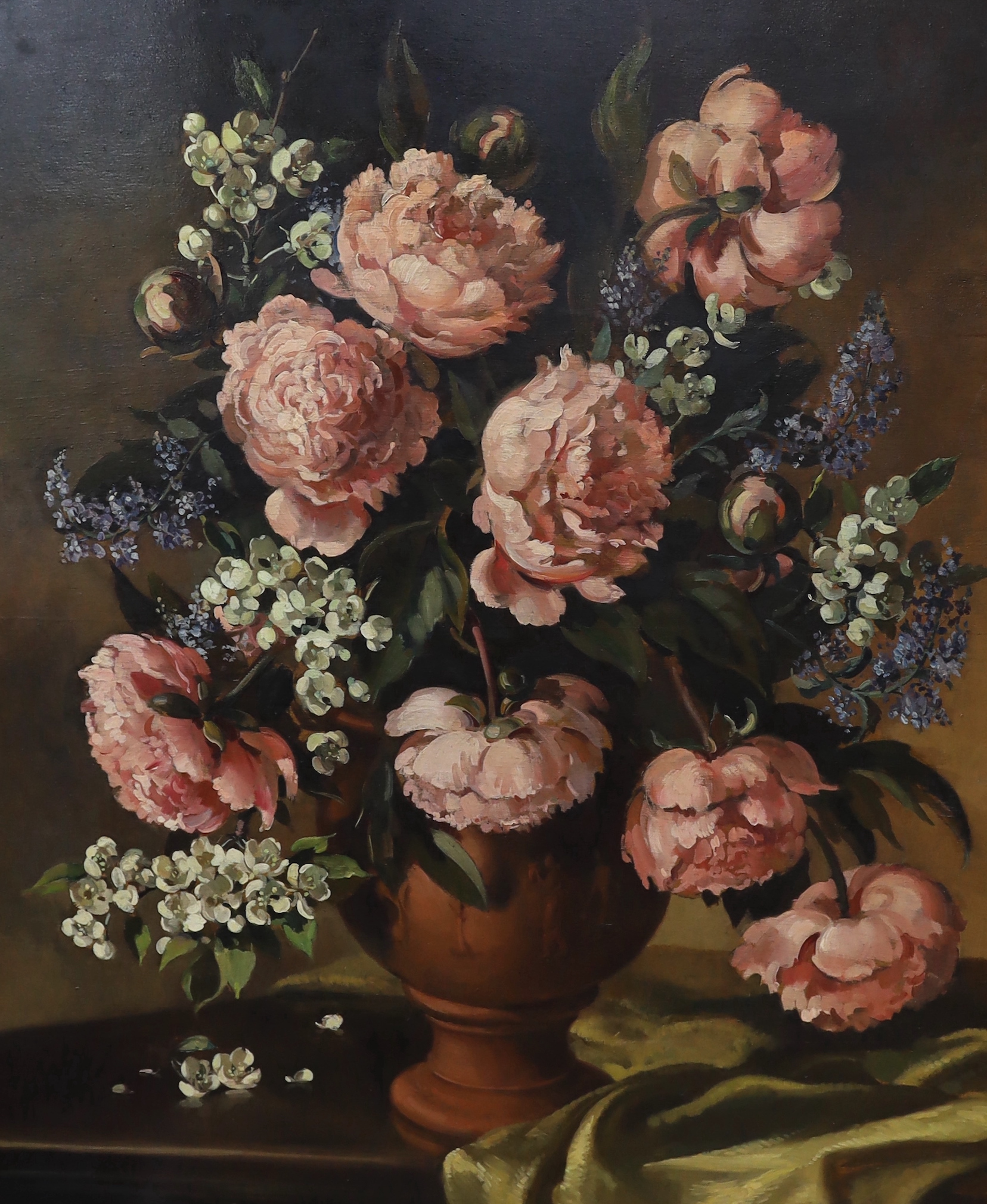 Joyce Byatt, oil on board, Still life of peonies and other flowers in a vase, signed, 88 x 71cm